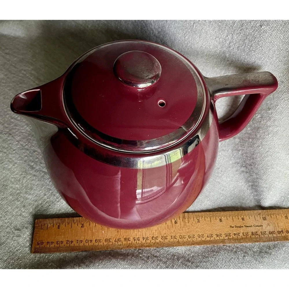 MCM Hall's Superior Quality Kitchenware Maroon Silver LRG Coffee Pot 10 Cup Tea
